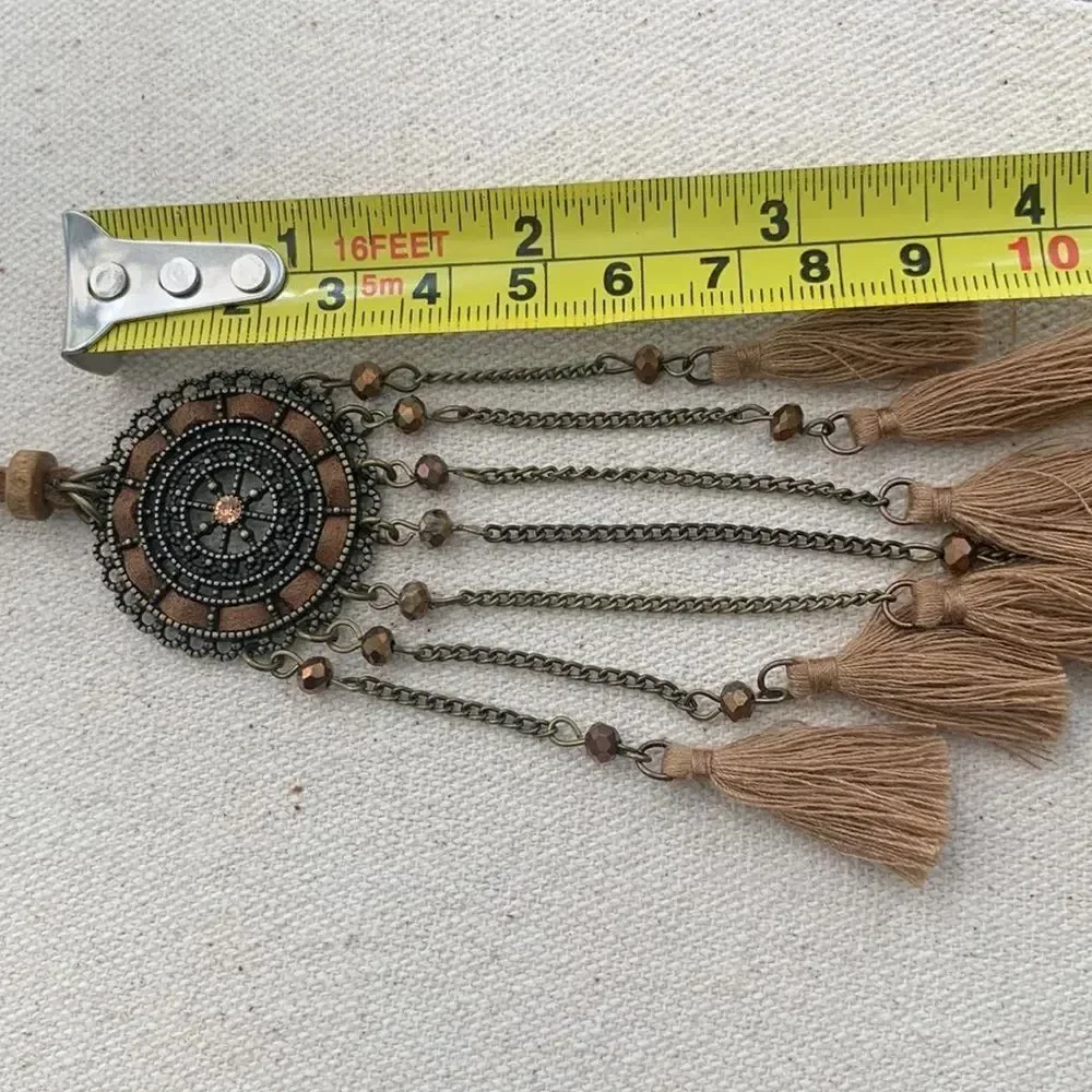 Bronze Tone Radial Medallion Tassel Necklace Long Drop